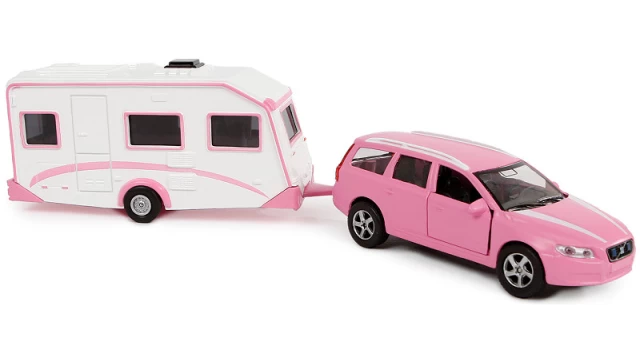 Kids Globe die cast Volvo V70 met caravan 30cm roze